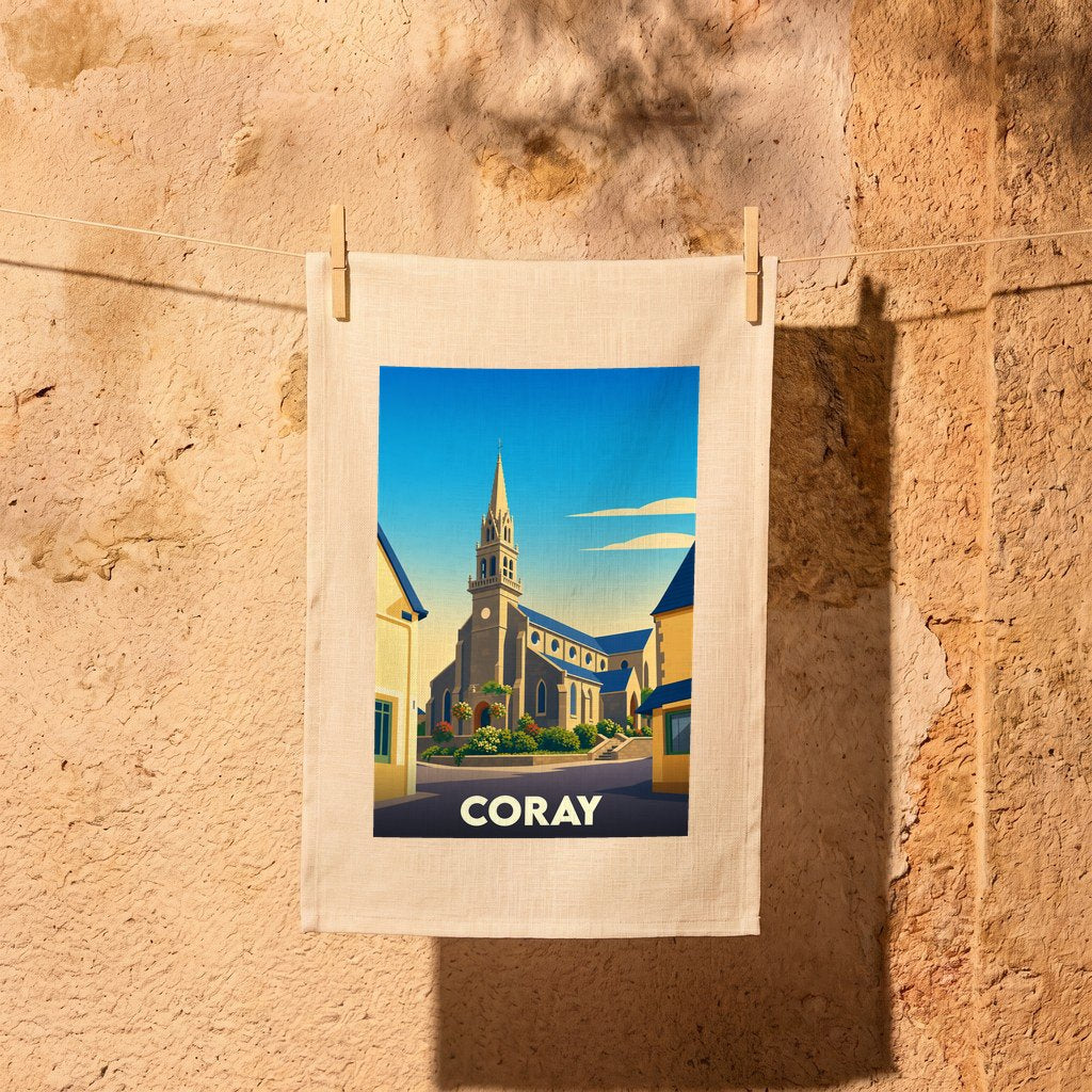 Torchon souvenir de la ville de Coray avec une illustration stylisée de son église.