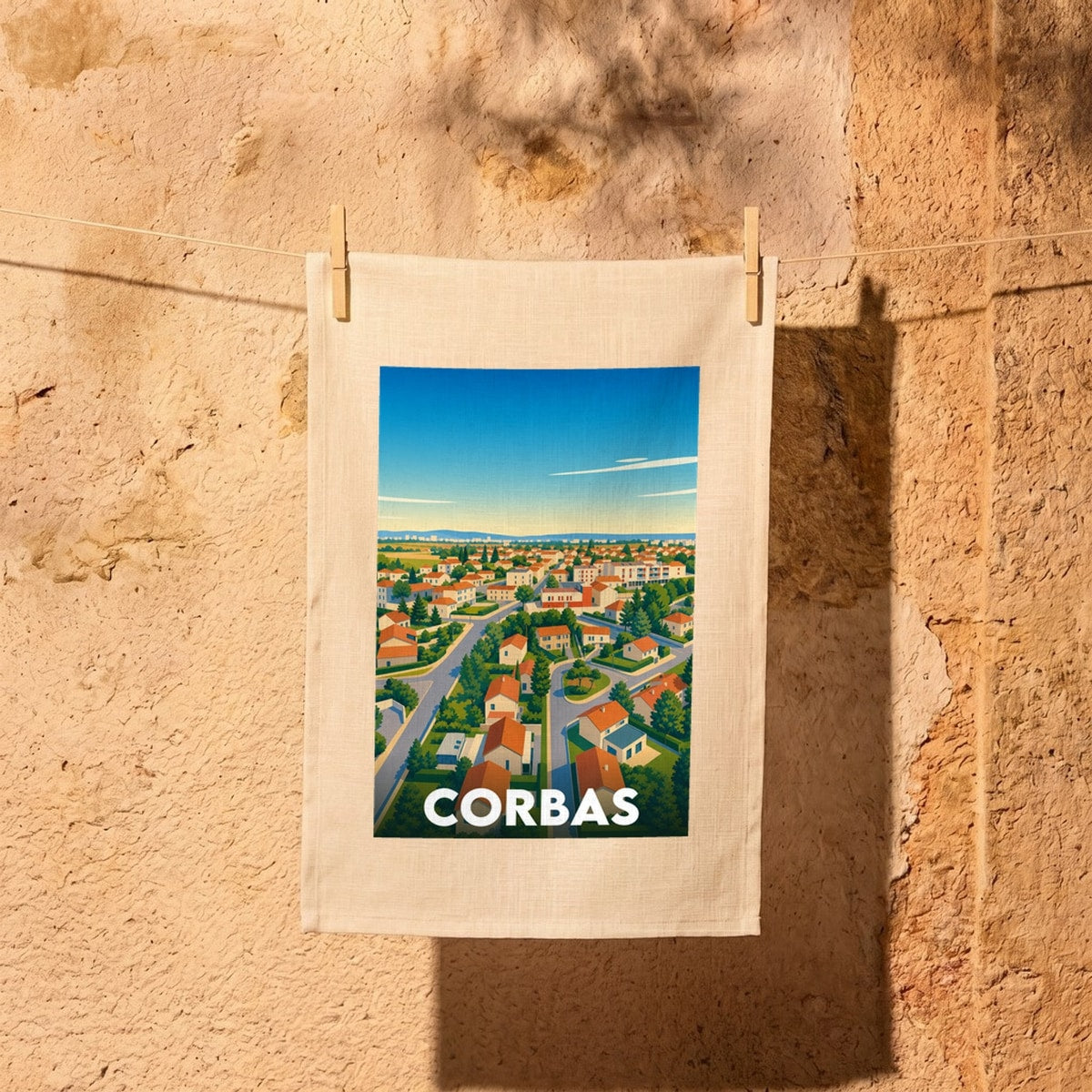 Torchon souvenir de la ville de Corbas arborant une illustration stylisée et colorée de ses quartiers résidentiels.