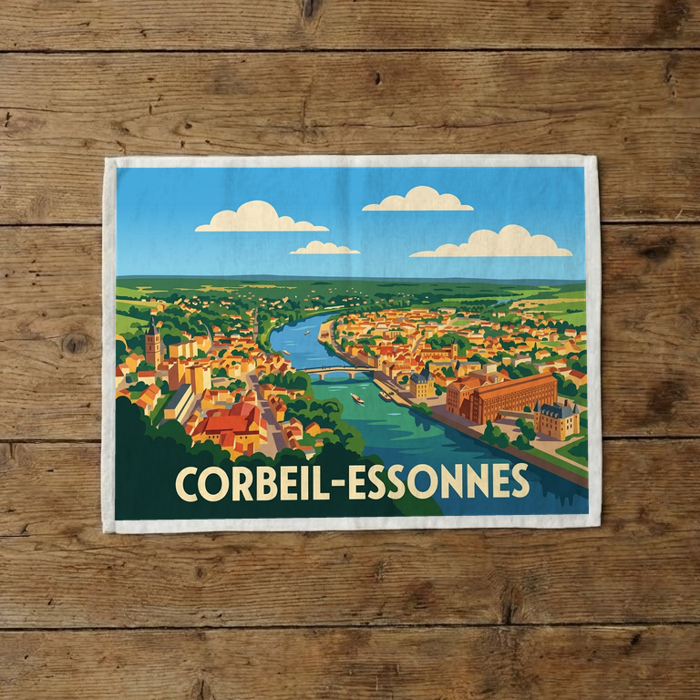 Torchon souvenir de la ville de Corbeil-Essonnes avec une illustration stylisée.