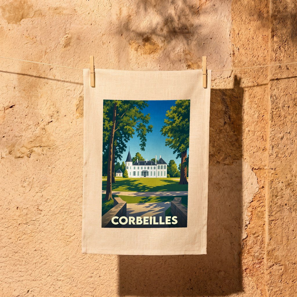 Torchon souvenir de la ville de Corbeilles avec une illustration stylisée d'un château entouré de verdure.