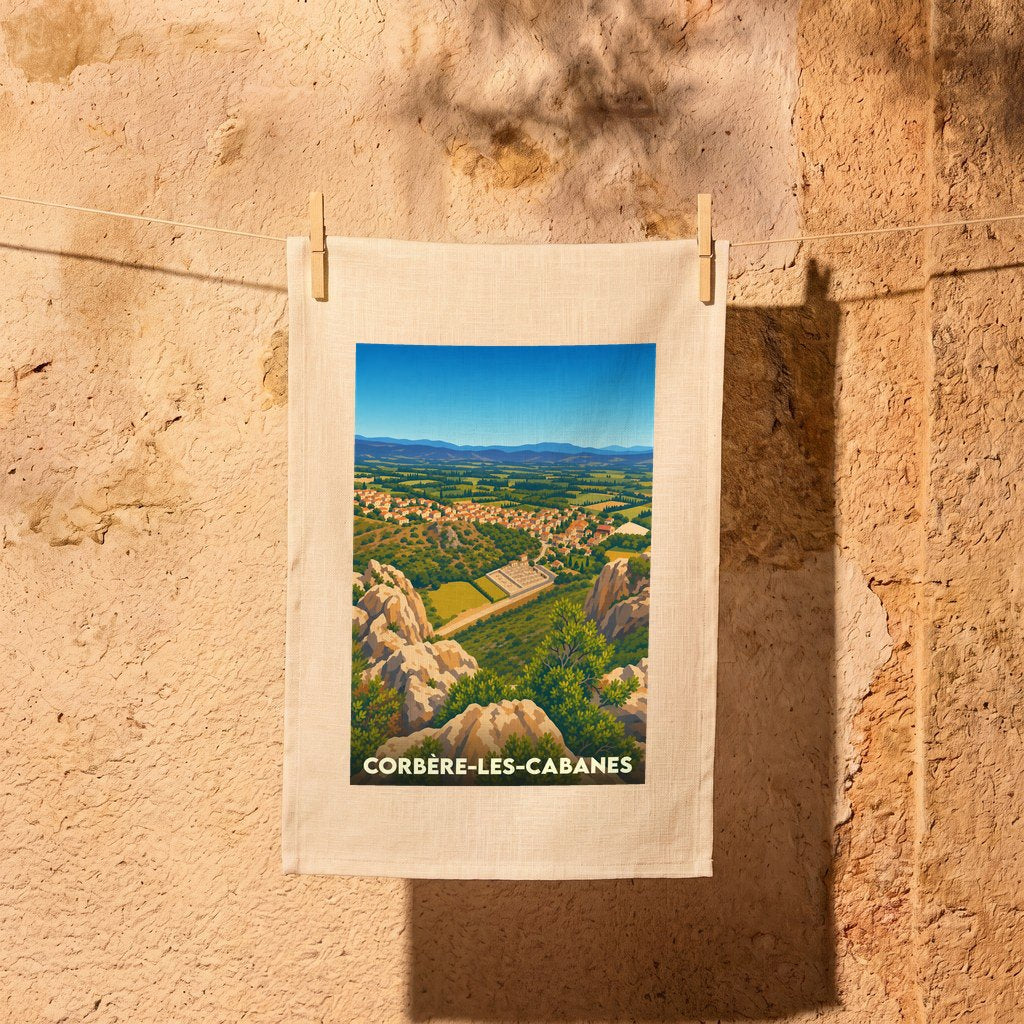 Torchon souvenir de la ville de Corbère-les-Cabanes avec une illustration stylisée du paysage environnant.