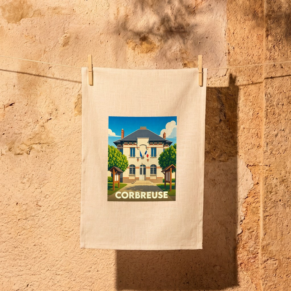 Torchon souvenir de la ville de Corbreuse avec une illustration stylisée de sa mairie.