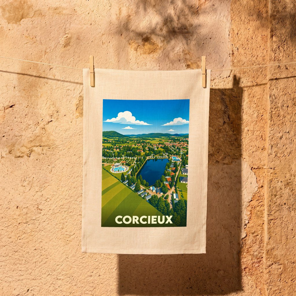 Torchon souvenir de la ville de Corcieux illustré d'un paysage panoramique stylisé.