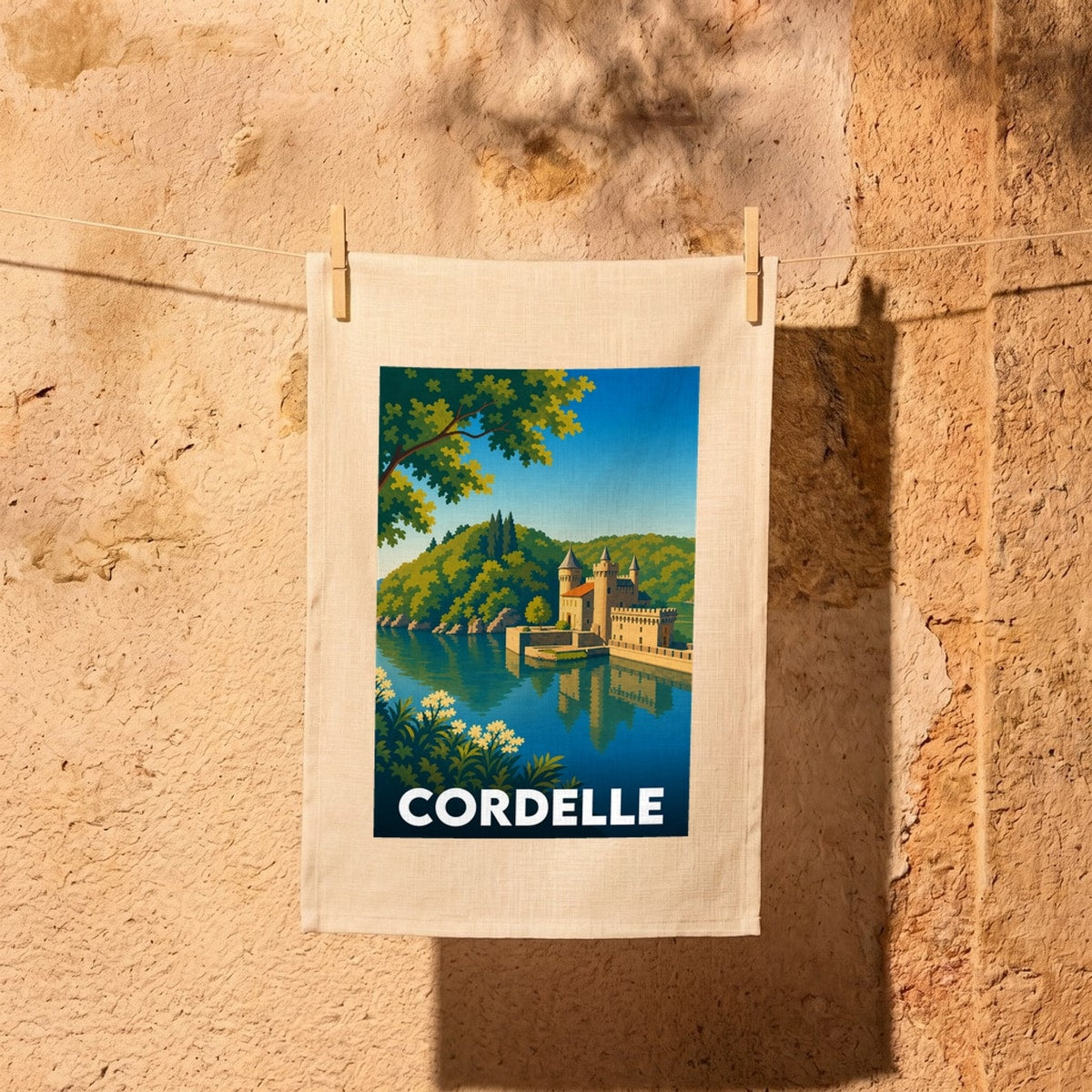 Torchon souvenir de la ville de Cordelle avec une illustration stylisée d'un château au bord de l'eau.