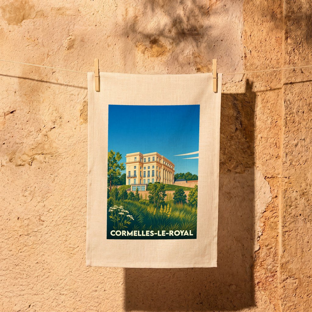 Torchon souvenir de la ville de Cormelles-le-Royal avec une illustration stylisée.