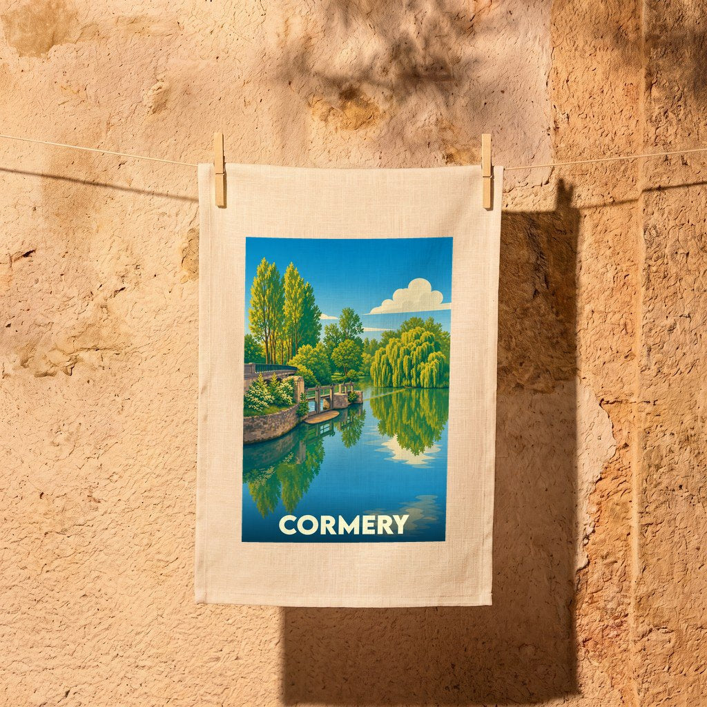 Torchon souvenir de la ville de Cormery illustré d'un paysage naturel et coloré au bord de l'eau.