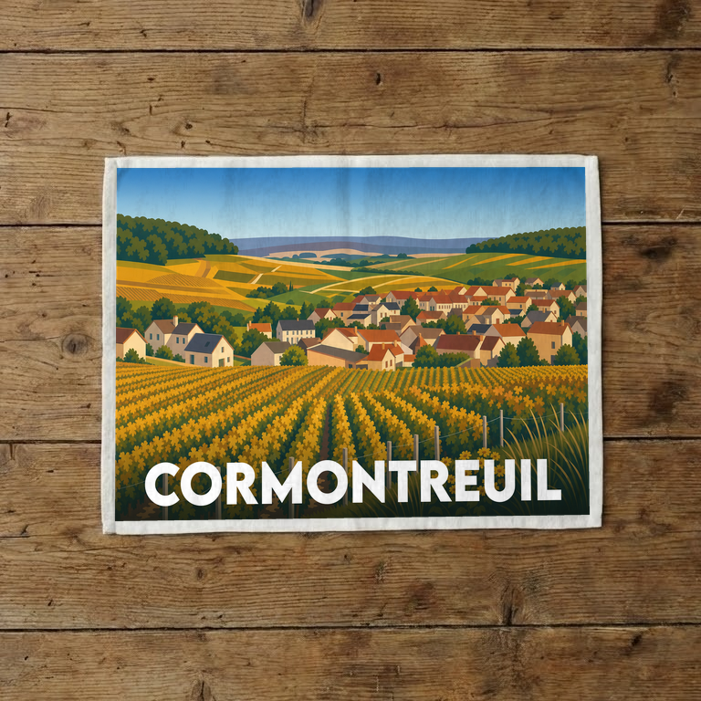 Torchon souvenir de la ville de Cormontreuil orné d'une illustration stylisée de ses vignobles et de son village.