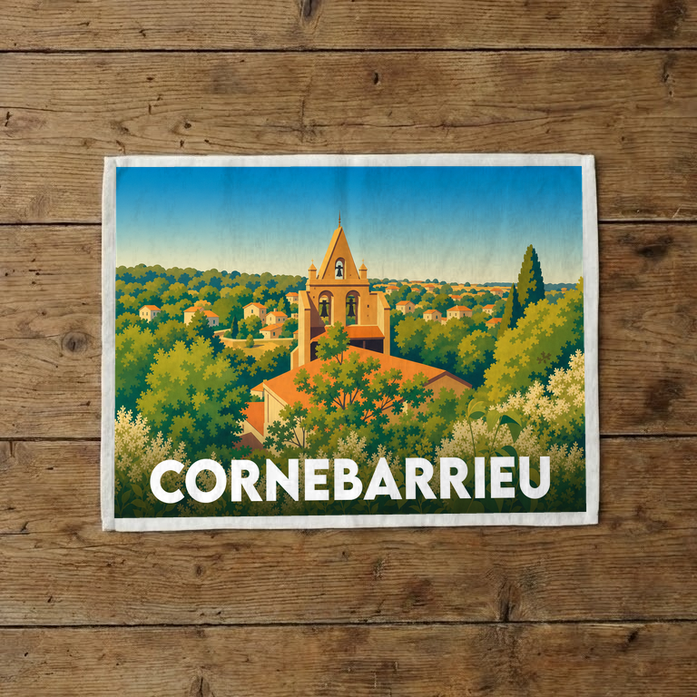 Torchon souvenir de la ville de Cornebarrieu avec une illustration stylisée d'un clocher entouré de végétation.