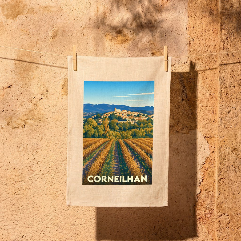 Torchon souvenir de la ville de Corneilhan avec une illustration stylisée de son paysage de vignobles.