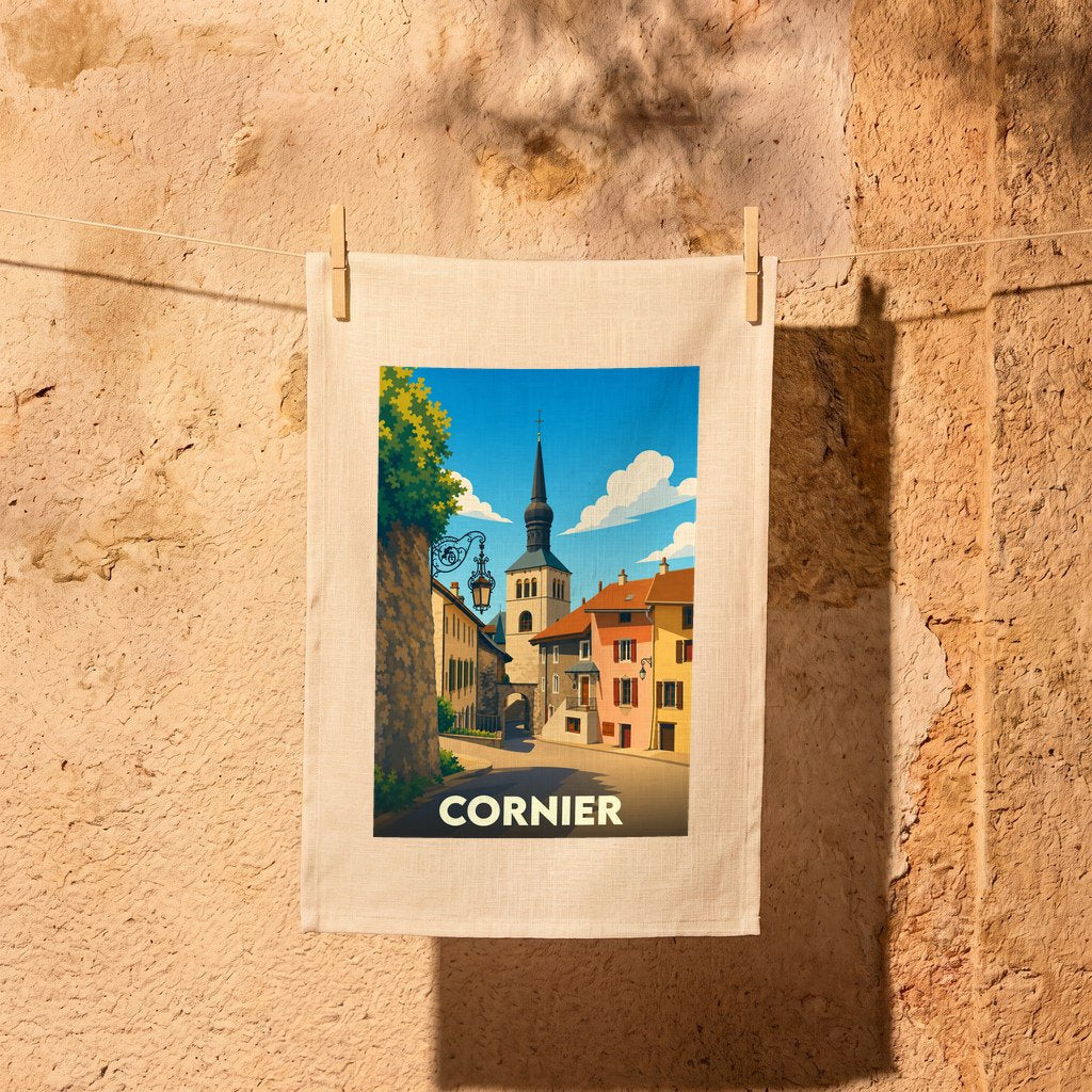 Torchon souvenir de la ville de Cornier orné d'une illustration stylisée de ses rues et de son clocher.