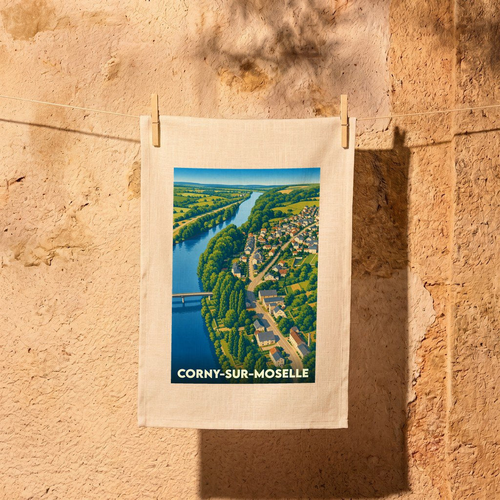 Torchon souvenir de la ville de Corny-sur-Moselle avec une illustration stylisée.