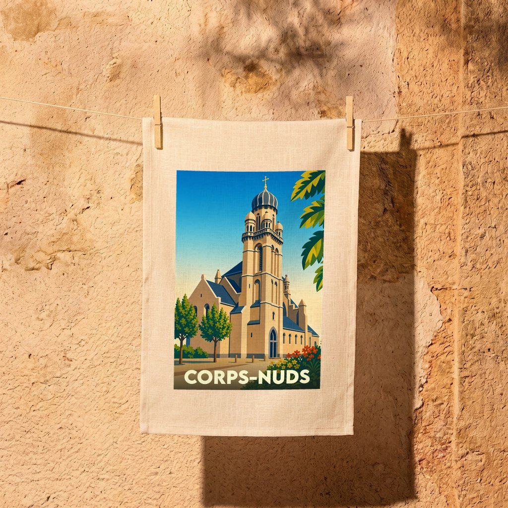 Torchon souvenir de la ville de Corps-Nuds avec une illustration stylisée de son église.