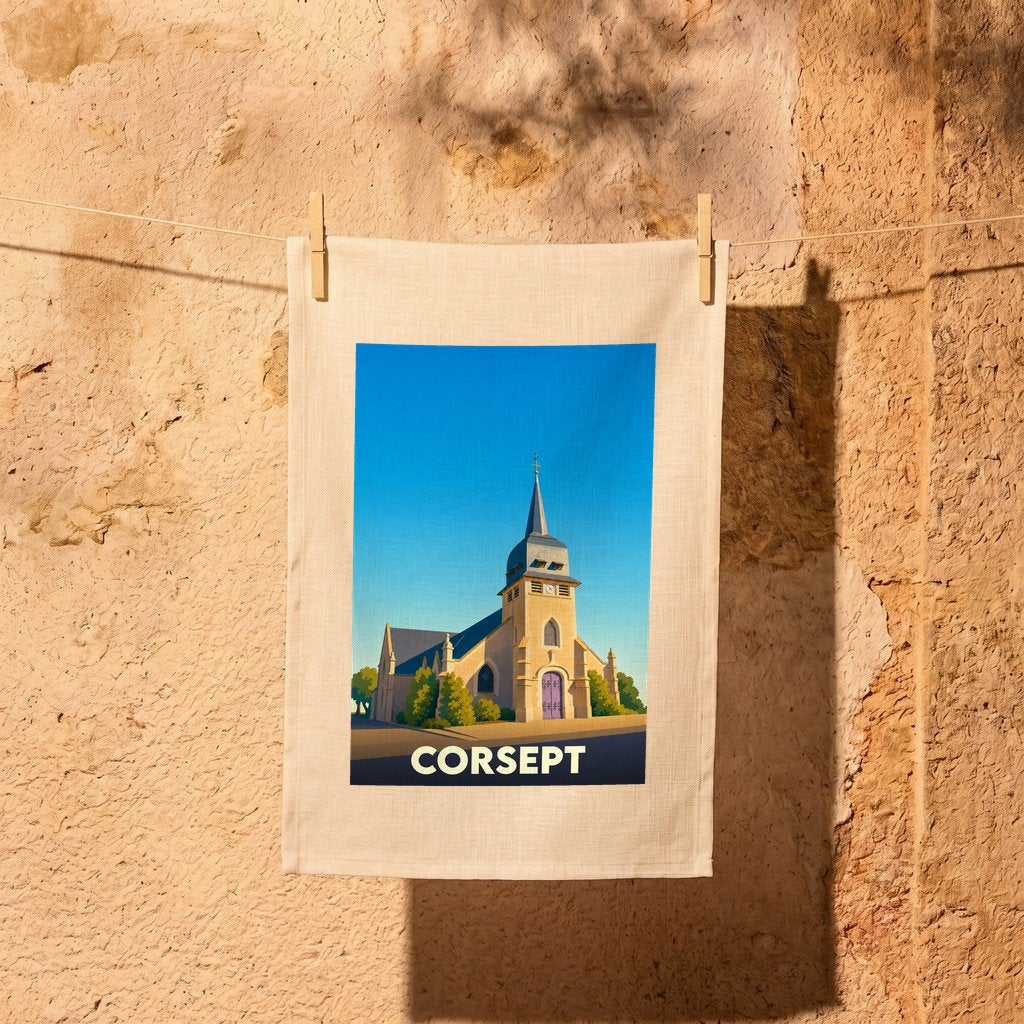Torchon souvenir de la ville de Corsept avec une illustration stylisée de son église sous un ciel bleu.