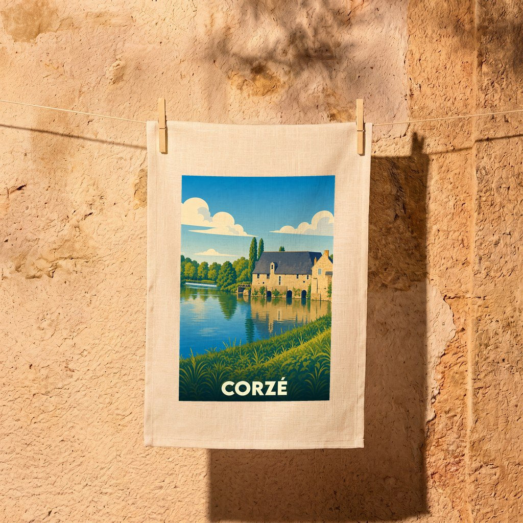 Torchon souvenir de la ville de Corzé orné d'une illustration stylisée de son moulin au bord de l'eau.