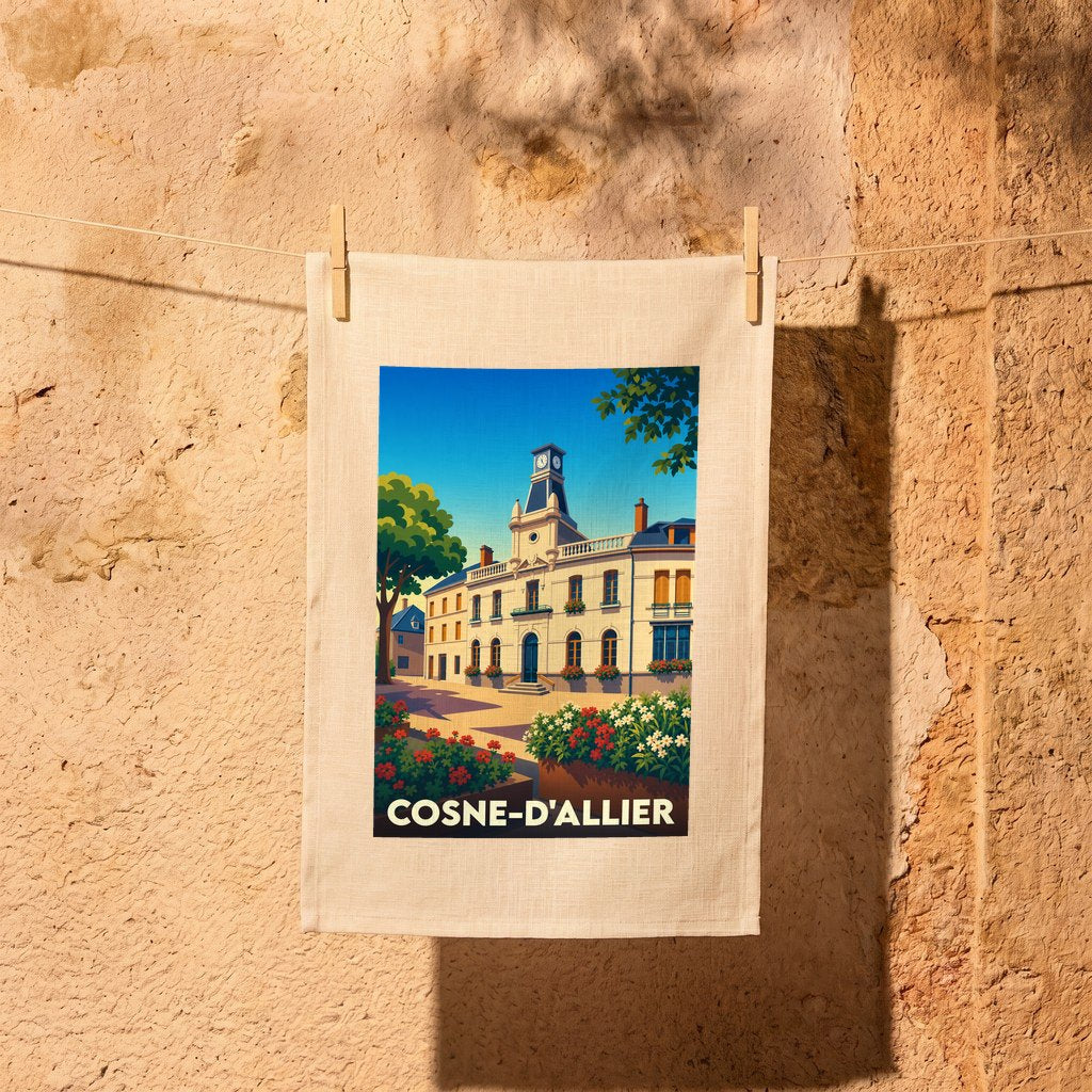 Torchon souvenir de la ville de Cosne-d'Allier avec une illustration stylisée de son hôtel de ville.