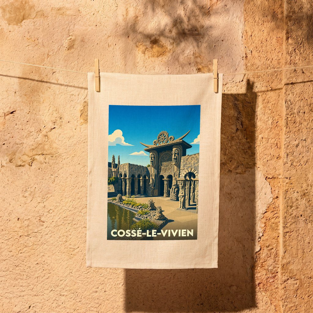 Torchon souvenir de la ville de Cossé-le-Vivien avec une illustration stylisée du Musée Robert Tatin.
