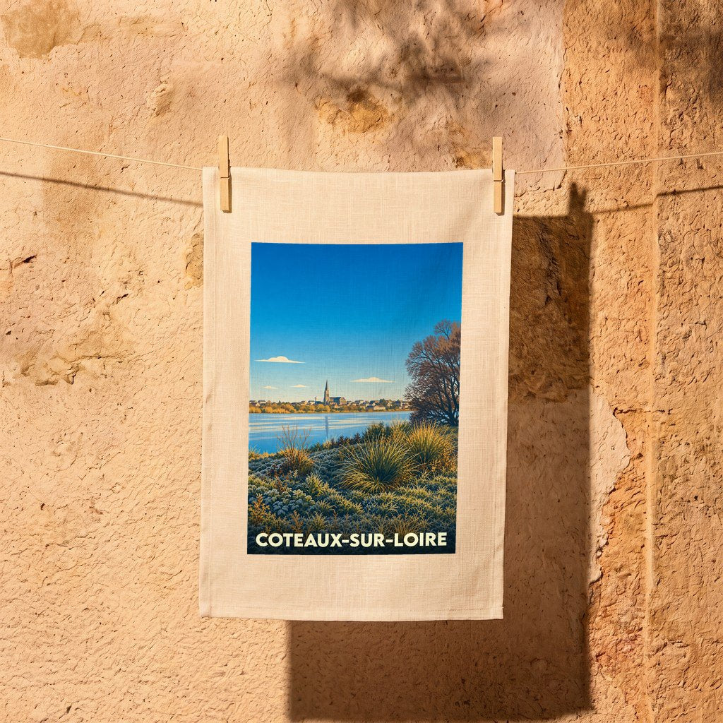 Torchon souvenir de Coteaux-sur-Loire illustré d'un paysage stylisé des bords de Loire suspendu devant un mur en pierre.