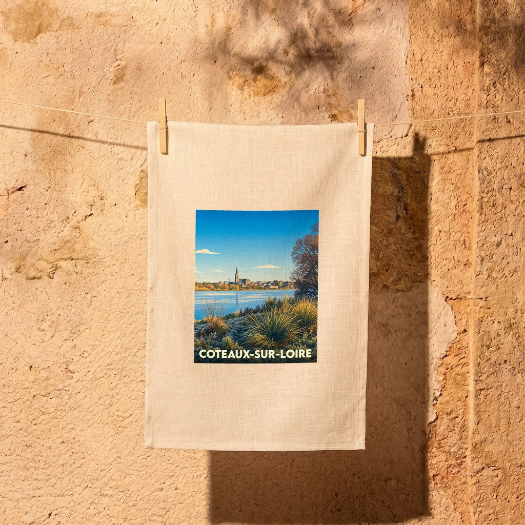 Torchon souvenir de Coteaux-sur-Loire illustré d'un paysage stylisé des bords de Loire suspendu devant un mur en pierre.