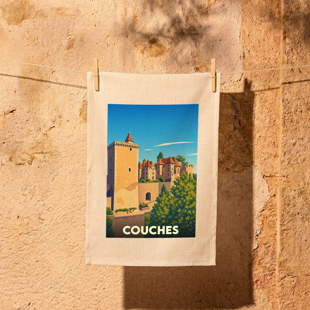 Torchon souvenir de la ville de Couches illustré d'un château de style vintage.