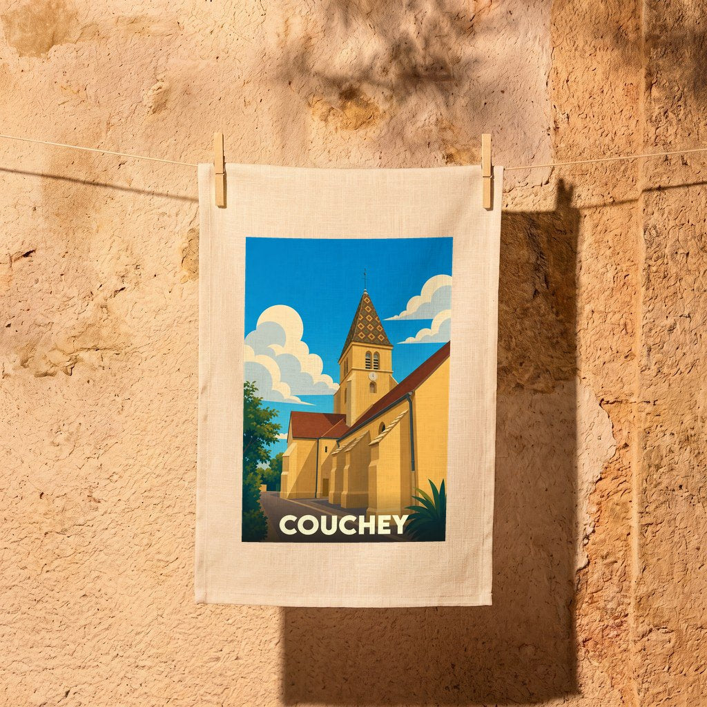 Torchon souvenir de la ville de Couchey avec une illustration stylisée de son église.