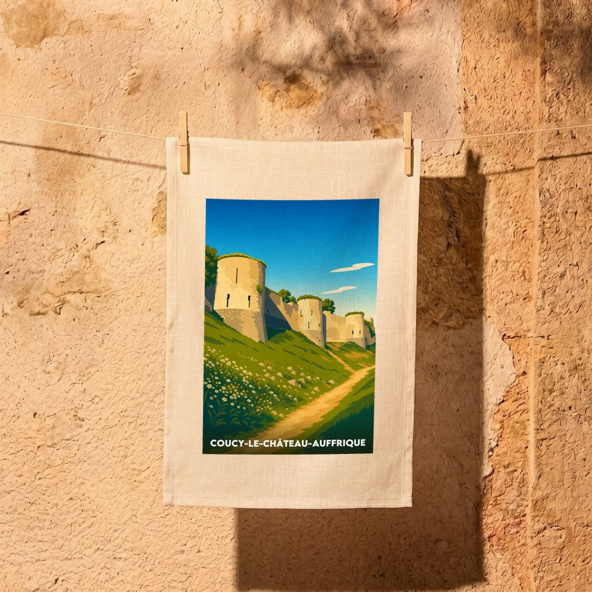 Torchon souvenir de la ville de Coucy-le-Château-Auffrique avec une illustration stylisée de ses remparts.