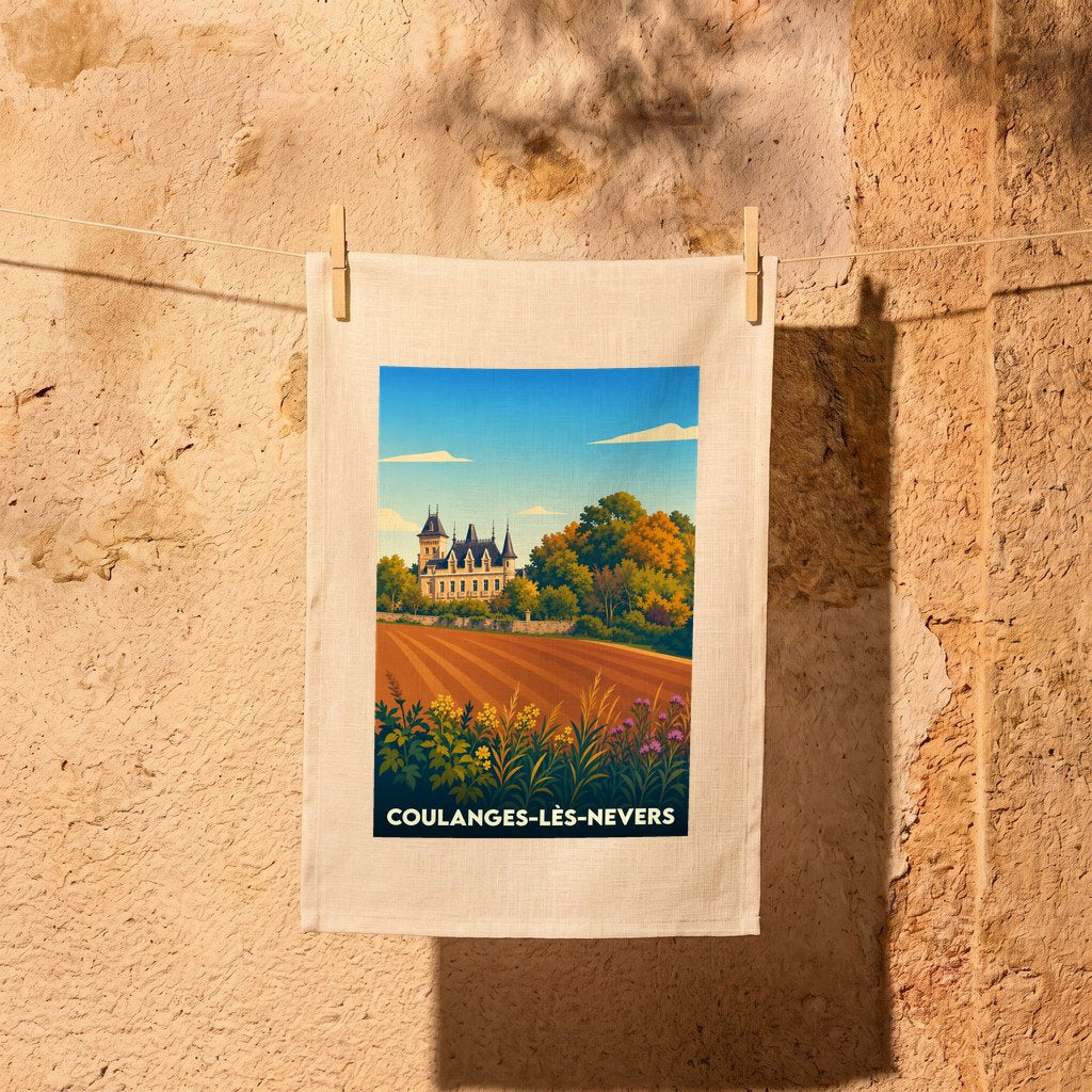 Torchon souvenir de la ville de Coulanges-lès-Nevers avec une illustration stylisée d'un château et de paysages champêtres.