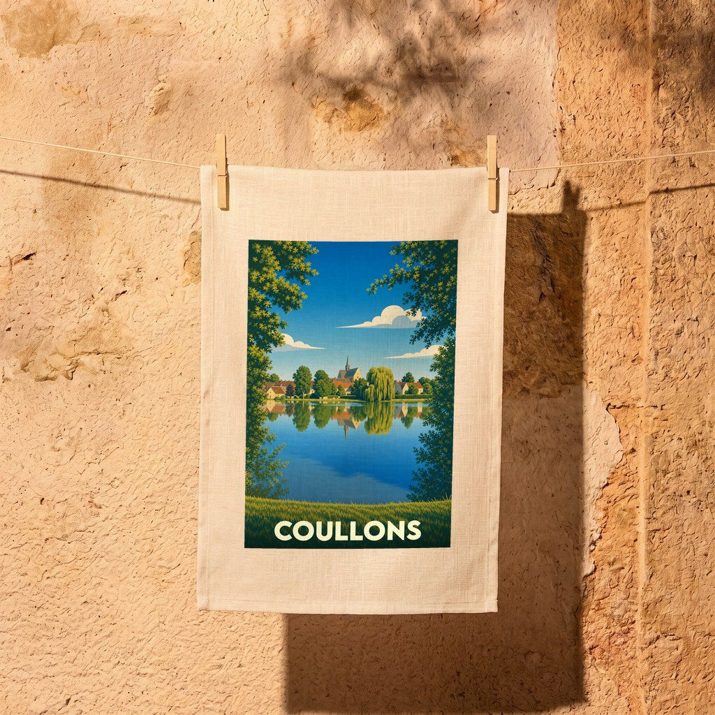 Torchon souvenir de la ville de Coullons avec une illustration stylisée d'un paysage lacustre.