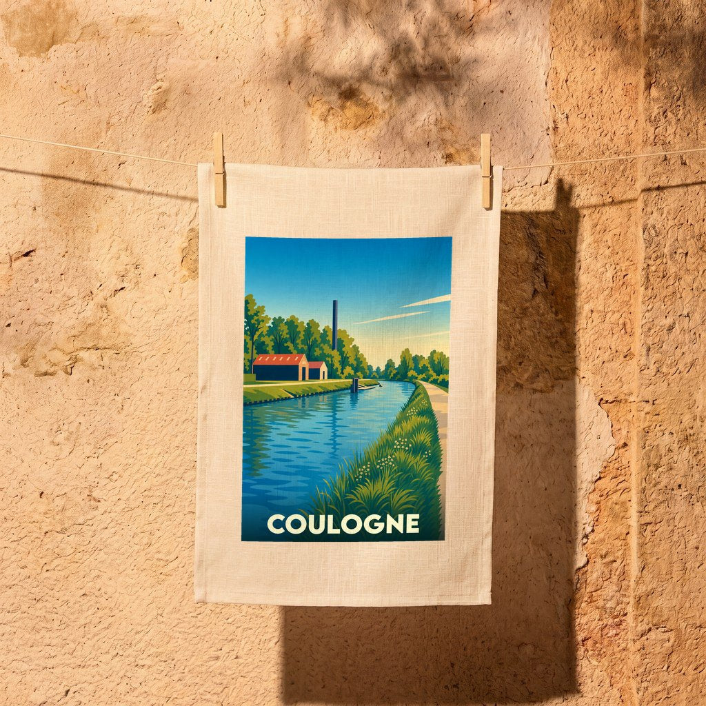 Torchon souvenir de la ville de Coulogne avec une illustration stylisée d'un canal.