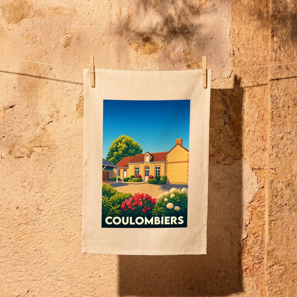 Torchon souvenir de la ville de Coulombiers avec une illustration stylisée d'une maison de campagne fleurie.