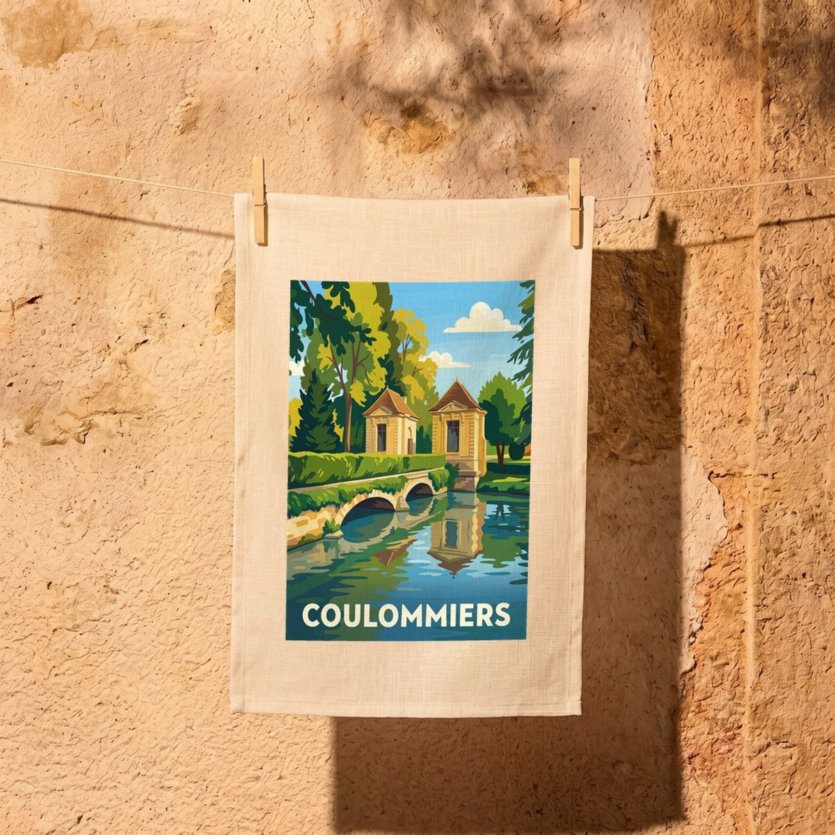 Torchon souvenir de la ville de Coulommiers avec une illustration stylisée d'un parc traversé par un pont.