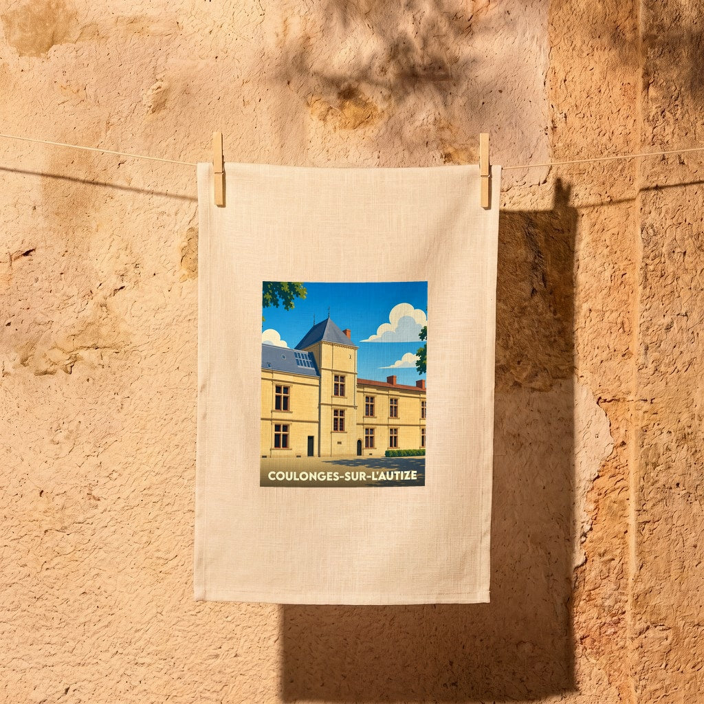 Torchon souvenir de la ville de Coulonges-sur-l'Autize avec une illustration stylisée de son château.