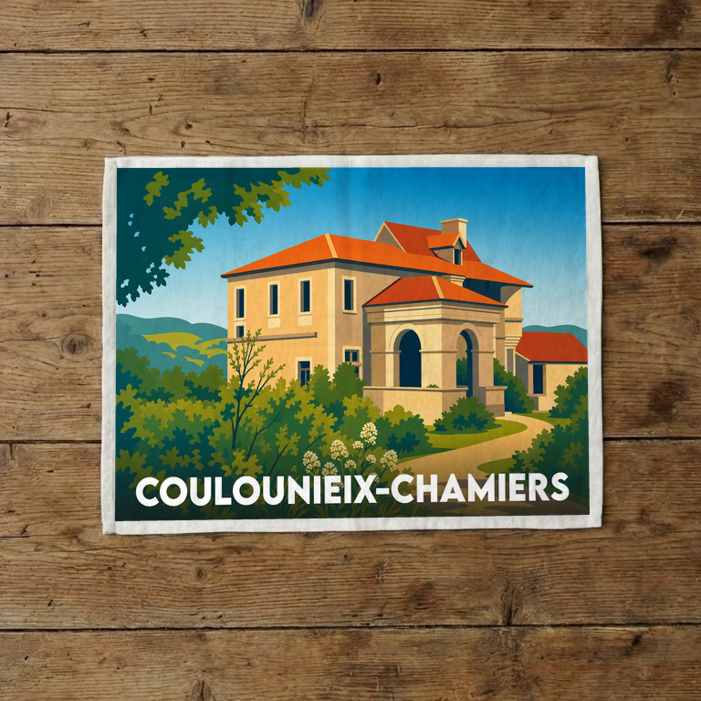 Torchon souvenir de la ville de Coulounieix-Chamiers avec une illustration stylisée de son patrimoine.