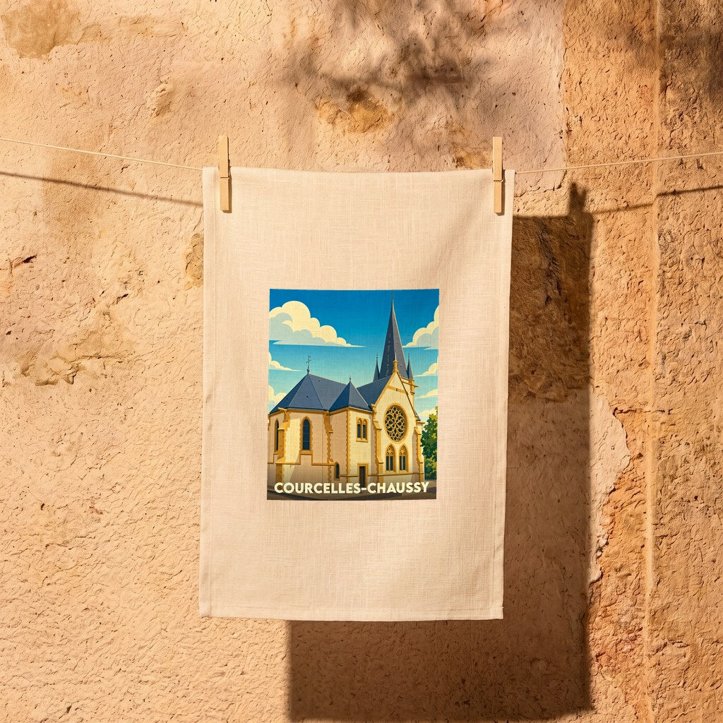 Torchon souvenir de la ville de Courcelles-Chaussy avec une illustration stylisée de son église.
