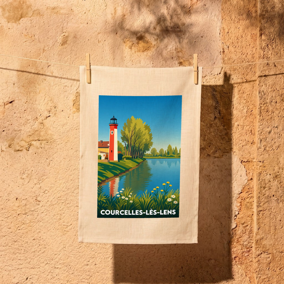 Torchon souvenir de la ville de Courcelles-lès-Lens avec une illustration stylisée d'un phare au bord de l'eau.