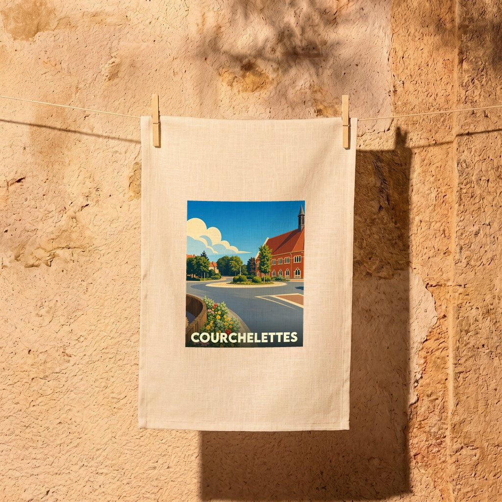 Torchon souvenir de la ville de Courchelettes avec une illustration stylisée.