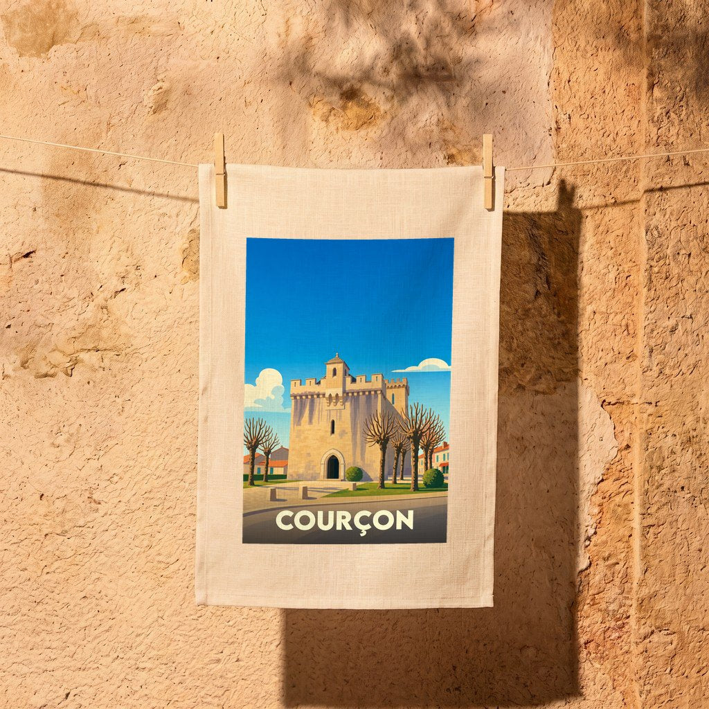 Torchon souvenir de la ville de Courçon avec une illustration stylisée d'un bâtiment historique.