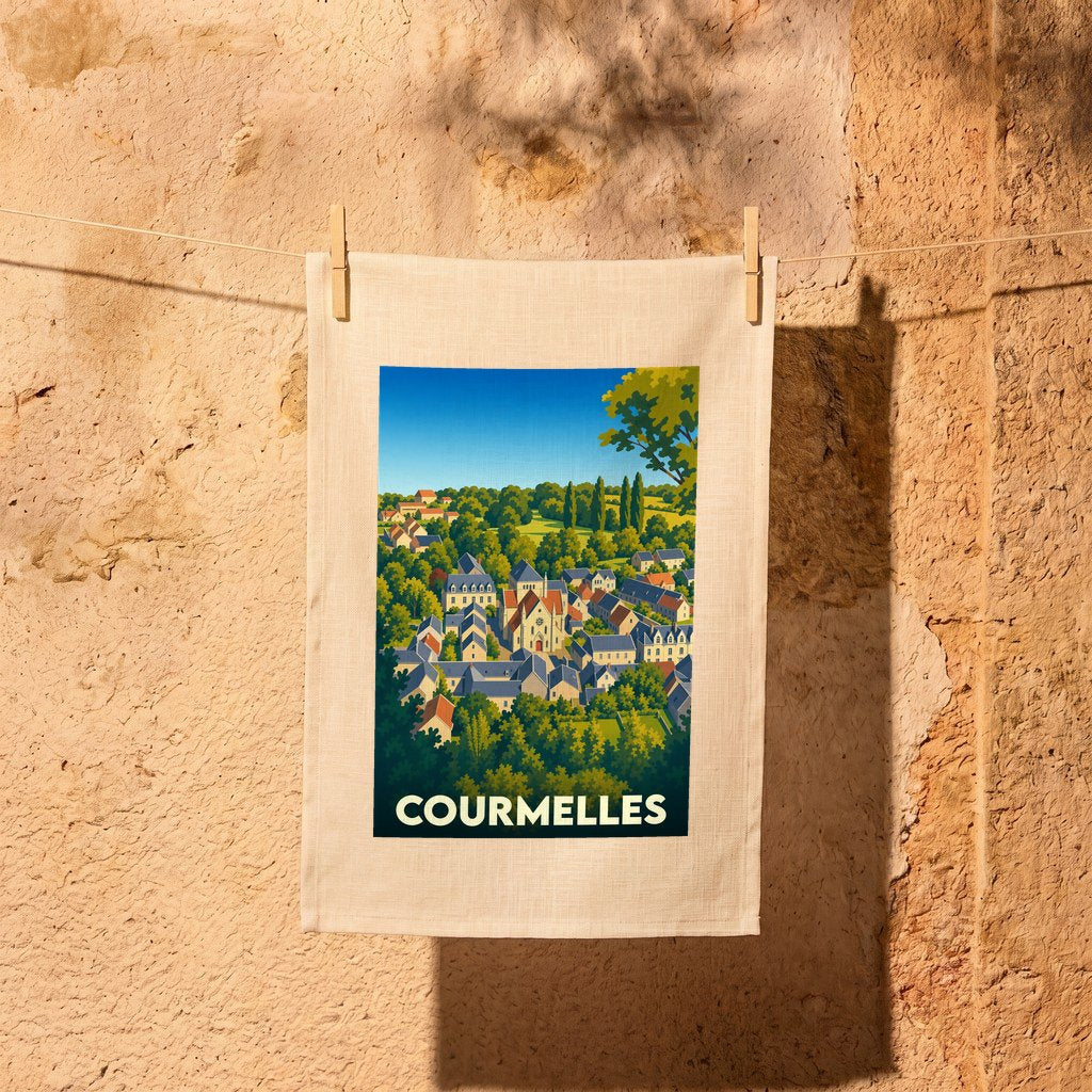Torchon de cuisine suspendu avec une illustration colorée et stylisée de la ville de Courmelles.