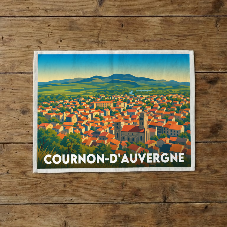Torchon souvenir de la ville de Cournon-d'Auvergne avec une illustration stylisée et colorée.