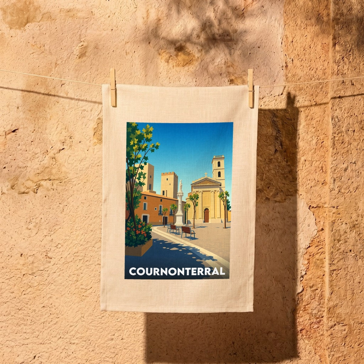 Torchon souvenir de la ville de Cournonterral avec une illustration stylisée.