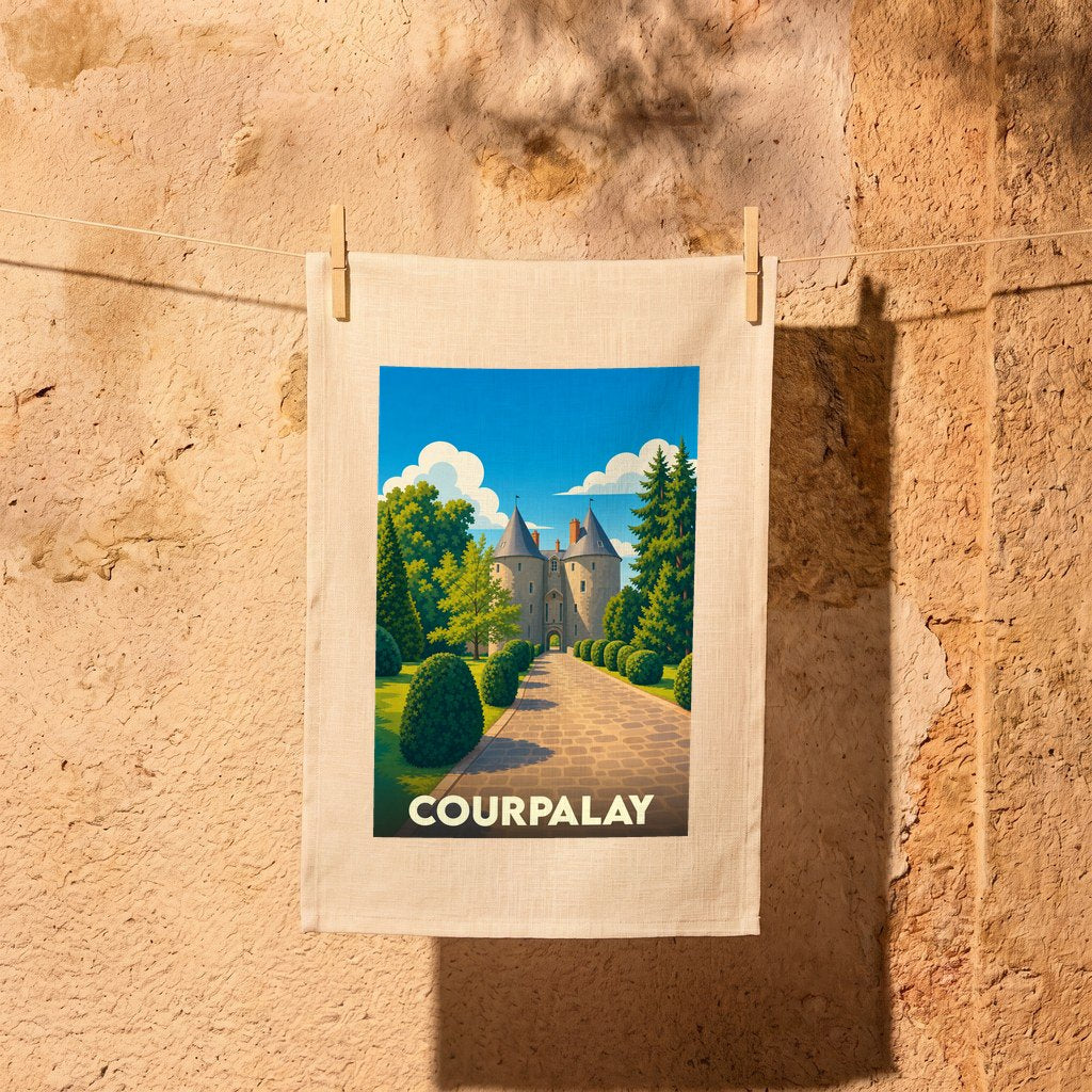 Torchon souvenir de la ville de Courpalay avec une illustration stylisée de son château.