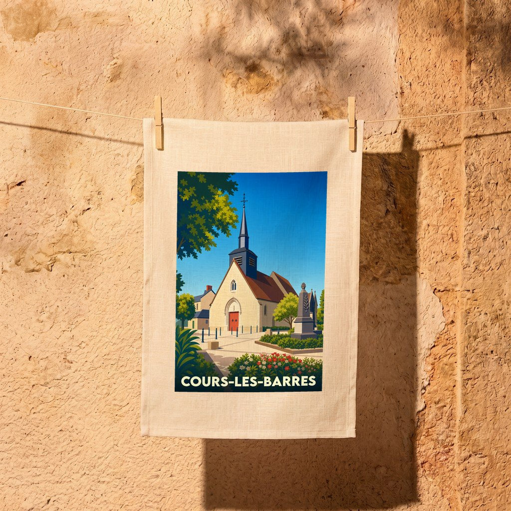 Torchon souvenir de la ville de Cours-les-Barres illustré d'une scène villageoise stylisée.