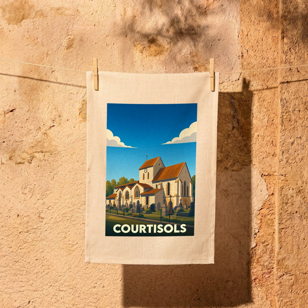 Torchon souvenir de la ville de Courtisols orné d'une illustration stylisée de son église.