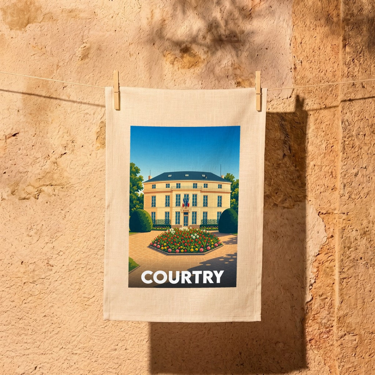 Torchon souvenir de la ville de Courtry avec une illustration stylisée de sa mairie et de ses jardins.
