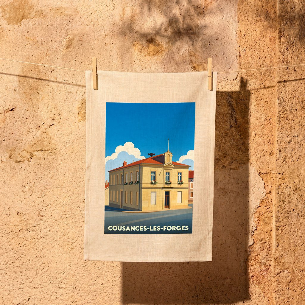 Torchon souvenir de la ville de Cousances-les-Forges avec une illustration stylisée de sa mairie.