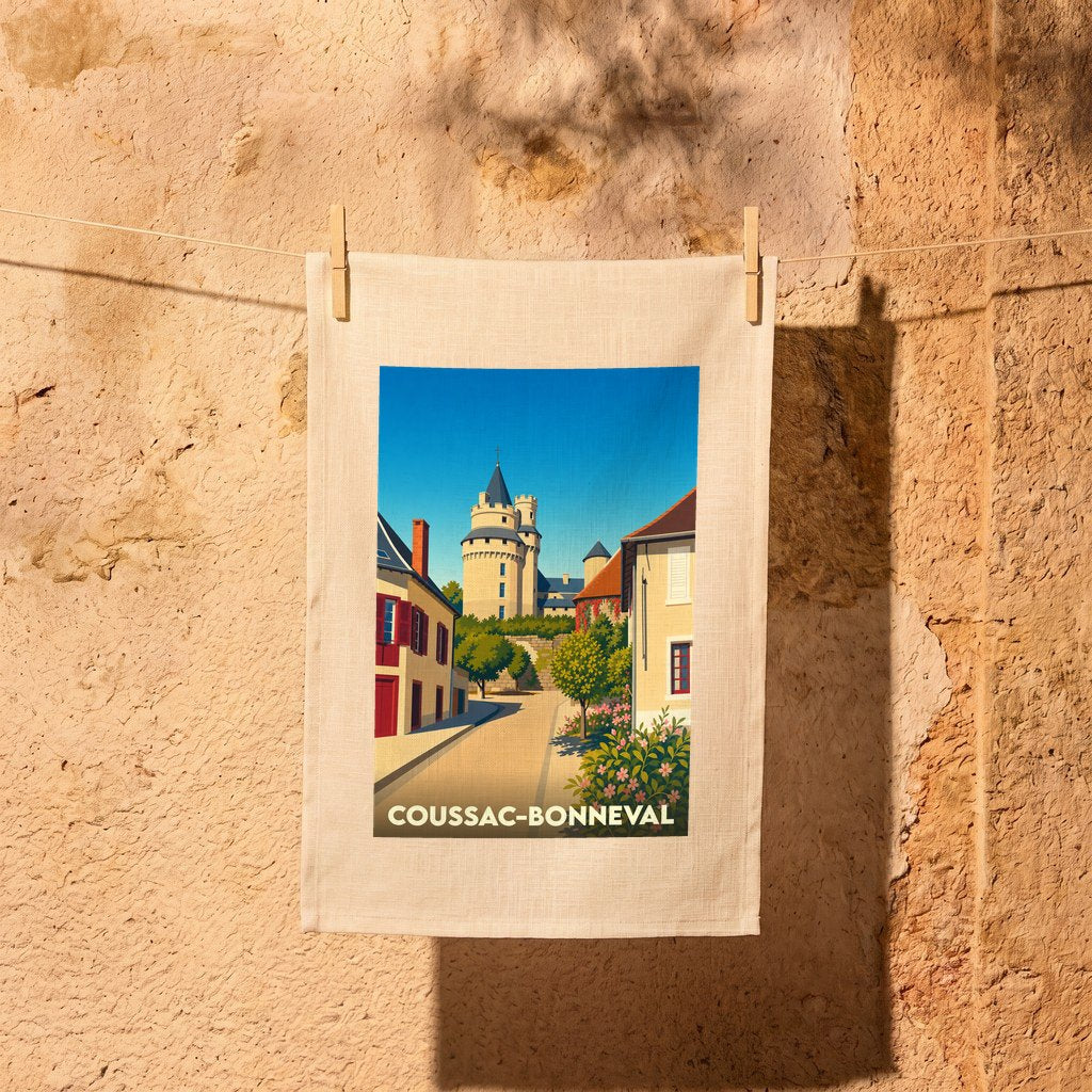 Torchon souvenir de la ville de Coussac-Bonneval illustré d'une vue stylisée du château et du village.