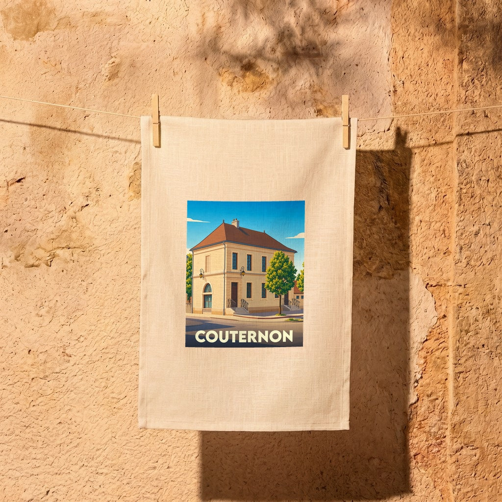 Torchon souvenir de la ville de Couternon avec une illustration stylisée.