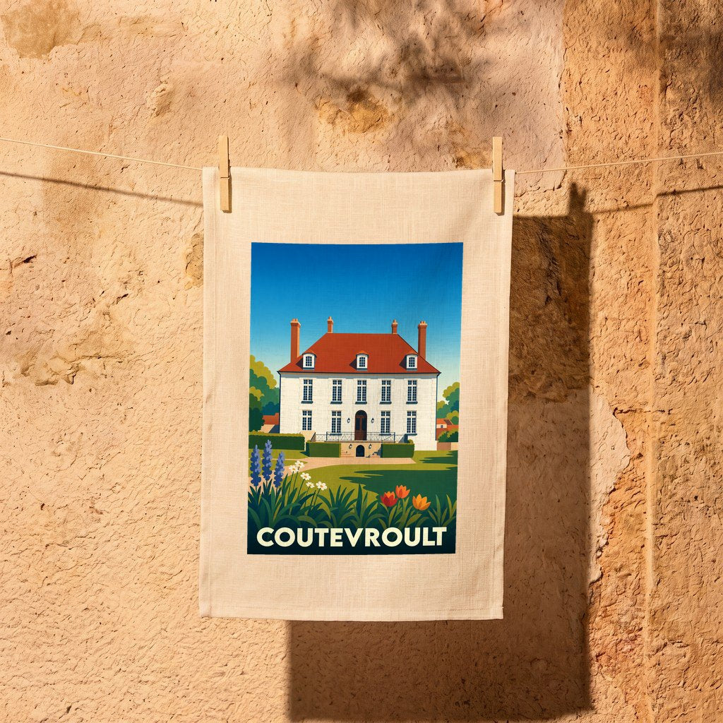 Torchon souvenir de la ville de Coutevroult avec une illustration stylisée d'un manoir.