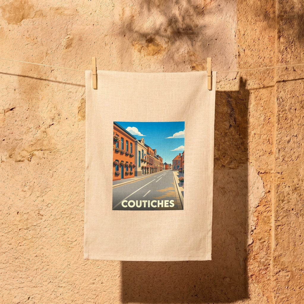 Torchon souvenir de la ville de Coutiches avec une illustration stylisée d'une rue pittoresque.