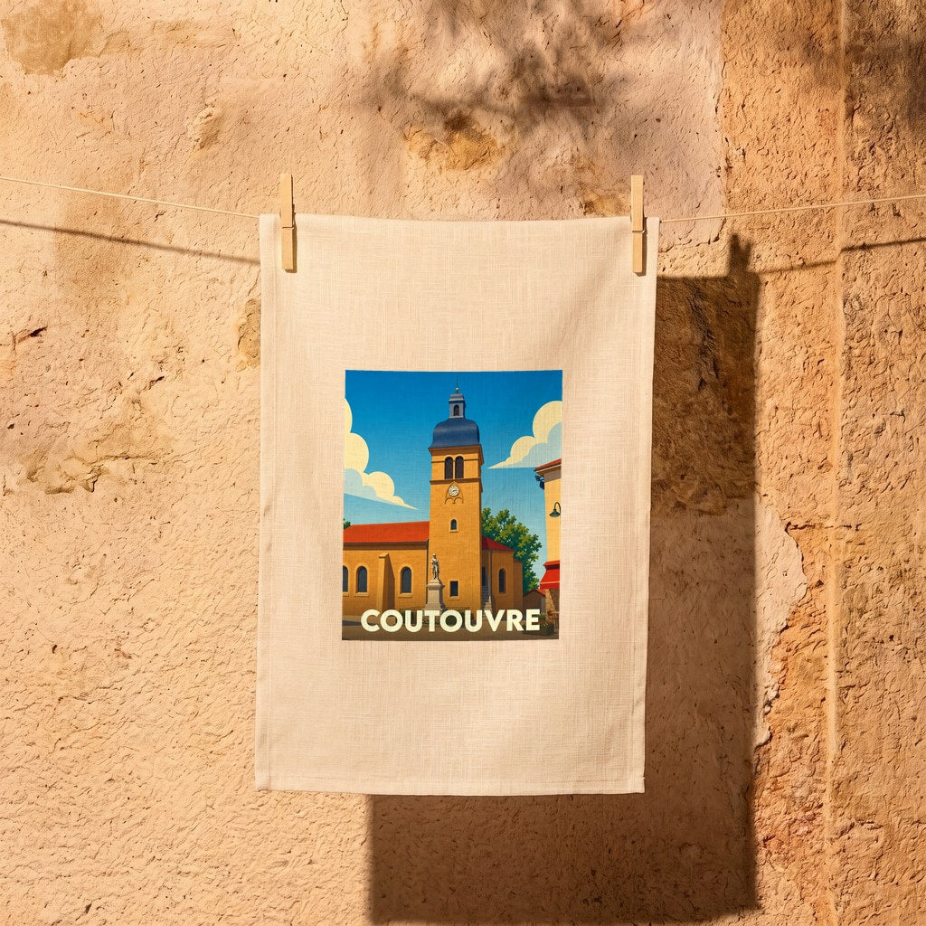 Torchon souvenir de la ville de Coutouvre avec une illustration stylisée.