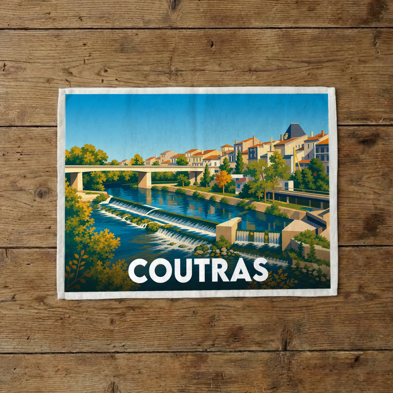 Torchon souvenir de la ville de Coutras avec une illustration stylisée représentant un paysage fluvial.